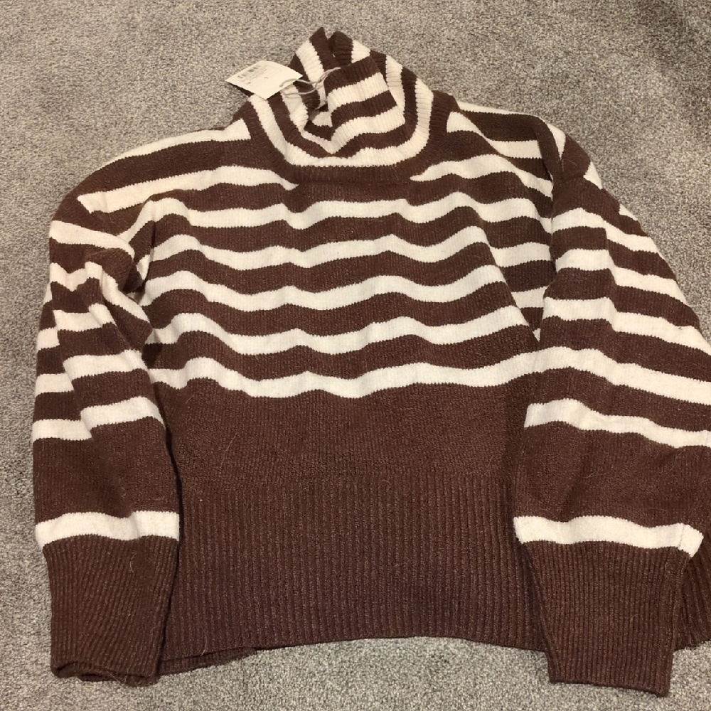Brown and Cream Striped Turtleneck Sweater